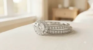 A budget-friendly bridal ring set under $300 showcasing a classic halo engagement ring and matching wedding band.