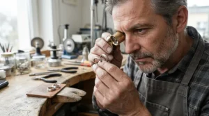 An expert evaluating classic gold wedding bands vs platinum wedding bands to discuss wedding band metal pricing and value.