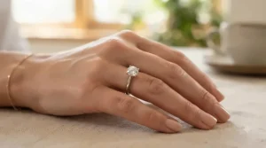 Close-up of a classic solitaire engagement ring featuring a single brilliant-cut diamond.