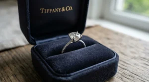 A classic solitaire moissanite vs diamond engagement ring style showcased in a minimalist box