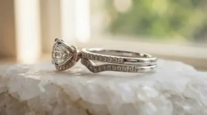 Side profile view of curved wedding bands for curved engagement rings showing the snug bridge fit.