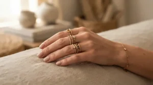 A hand wearing a contoured engagement ring paired with matching curved wedding bands for curved engagement rings.
