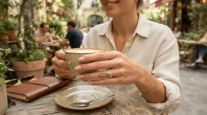 A lifestyle shot of fingers adorned with curved wedding bands for curved engagement rings.