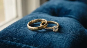 A close-up view of curved wedding bands for curved engagement rings nestled together seamlessly on a velvet tray.