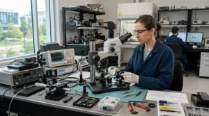 Jeweler inspecting clarity on diamond wedding bands for women with a microscope