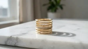 Stacked yellow gold diamond wedding bands for women on a marble tray