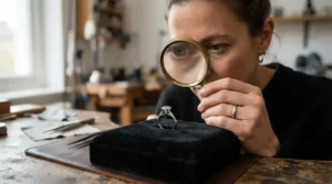 Comparing two diamond wedding bands for women under a jeweler loupe