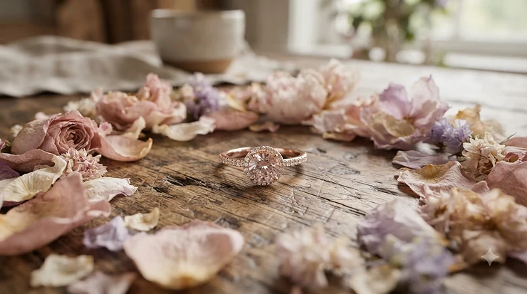 Rose gold diamond wedding bands for women photographed on dried rose petals
