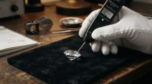 A durable moissanite vs diamond engagement ring hardness demonstration with gemological tools