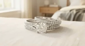 An economic bridal ring set under $300 featuring a stylish split-shank band and brilliant round-cut side stones.