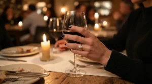 A woman wearing full eternity bands for anniversary gifts while dining at an upscale restaurant.