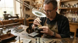 An artisan carefully engraving the inside of full eternity bands for anniversary gifts at a workbench.