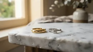Yellow gold and platinum full eternity bands for anniversary gifts displayed on a marble countertop.