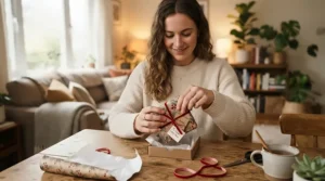 A person opening a small gift box containing full eternity bands for anniversary gifts at a cozy home setup.