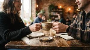 Lifestyle view of half eternity wedding bands for everyday wear while holding a ceramic coffee mug.