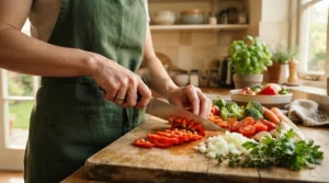 Half eternity wedding bands for everyday wear being worn while preparing a meal in a modern kitchen.