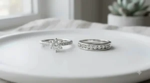 A side-by-side comparison of a halo vs solitaire engagement ring on a clean white background.
