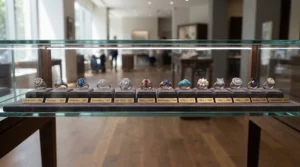 An educational display featuring a classic lab grown vs natural diamond ring design evolution.