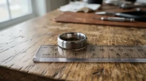 Demonstration of how to measure ring size at home by comparing a current band on a ruler.