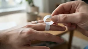 Backup graphic demonstrating how to measure ring size at home while accounting for larger knuckles.