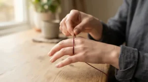 A visual guide on how to measure ring size at home with a piece of string around the knuckle.