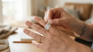 Illustration showing how to measure ring size at home using a paper strip wrapped around a finger.