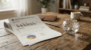 A gemological grading report displayed next to a lab grown vs natural diamond ring.