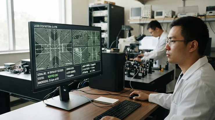 High-tech equipment showing microscopic details of a lab grown vs natural diamond ring stone.