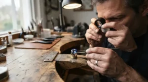 A jeweler examining a lab grown vs natural diamond ring gemstone using a loupe.