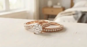 A low-cost bridal ring set under $300 in a romantic rose gold finish with intricate vintage-inspired milgrain detailing.