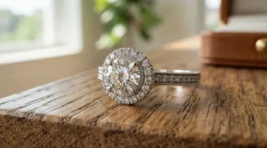 A stunning halo engagement ring surrounded by smaller pavé diamonds on the band.