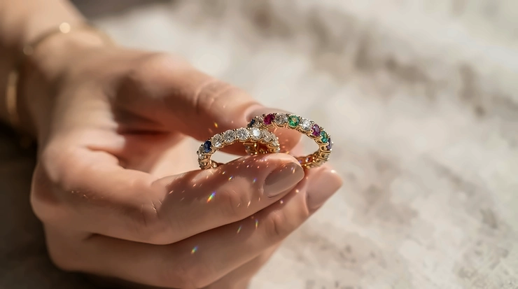 A side-by-side moissanite vs diamond engagement ring comparison showing brilliance in natural daylight