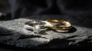 Polished rose gold ring and yellow gold ring reflecting light