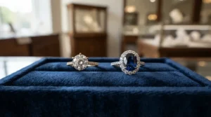 Engagement ring in rose gold next to a matching yellow gold band