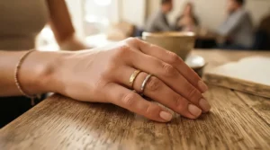Close-up of a hand wearing both a rose gold ring and a yellow gold ring