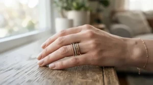 A stacked ring set mixing rose gold and yellow gold bands