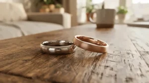 Traditional yellow gold wedding band paired with a modern rose gold ring