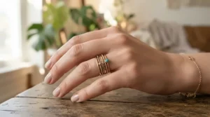 A close-up showing narrow stackable wedding bands for petite fingers worn comfortably together on a slender hand.