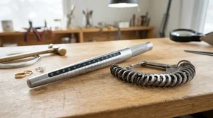 A jewelry sizing tool measuring stackable wedding bands for petite fingers on a clean wooden table.