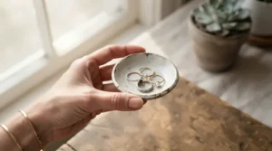An artistic arrangement displaying the stacking ring order of stackable wedding bands for petite fingers.