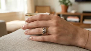 Dainty diamond and plain thin stackable wedding bands for layering on a finger.