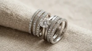 Solitaire engagement ring paired with thin stackable wedding bands for layering.
