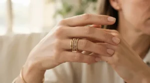Minimalist bridal jewelry featuring delicate thin stackable wedding bands for layering.