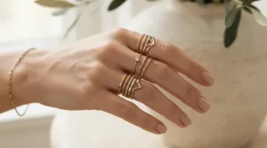 Modern layered ring stack ideas using thin stackable wedding bands for layering.