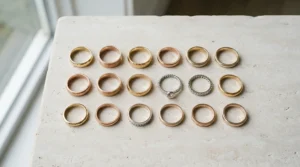Rose gold and yellow gold thin stackable wedding bands for layering in a creative combination.