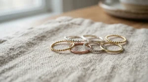 Textured and smooth thin stackable wedding bands for layering shown in natural light.
