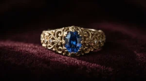 An intricate vintage-inspired halo engagement ring showcasing milgrain detailing.