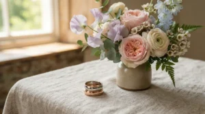 A stacked pairing of antique inspired vintage style wedding bands for women beside a bridal bouquet.