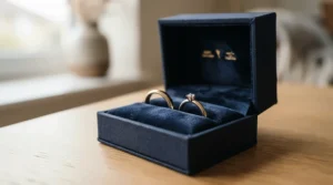 Charming and affordable vintage style wedding bands for women displayed inside a velvet ring box.
