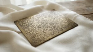 Hand-carved scrollwork patterns on vintage style wedding bands for women photographed on silk fabric.